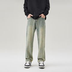 Stretch denim loose straight fit washed jeans