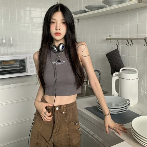 Hot model-200 grams of pits/real#-character embroidery without sleeve-navel workers suspended vest female top