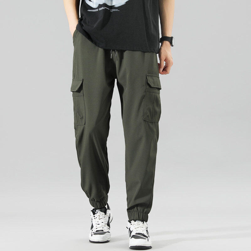 Spring and Autumn overalls, ankle-tie men's trendy casual pants, multi-pocket ankle-tie thick pants