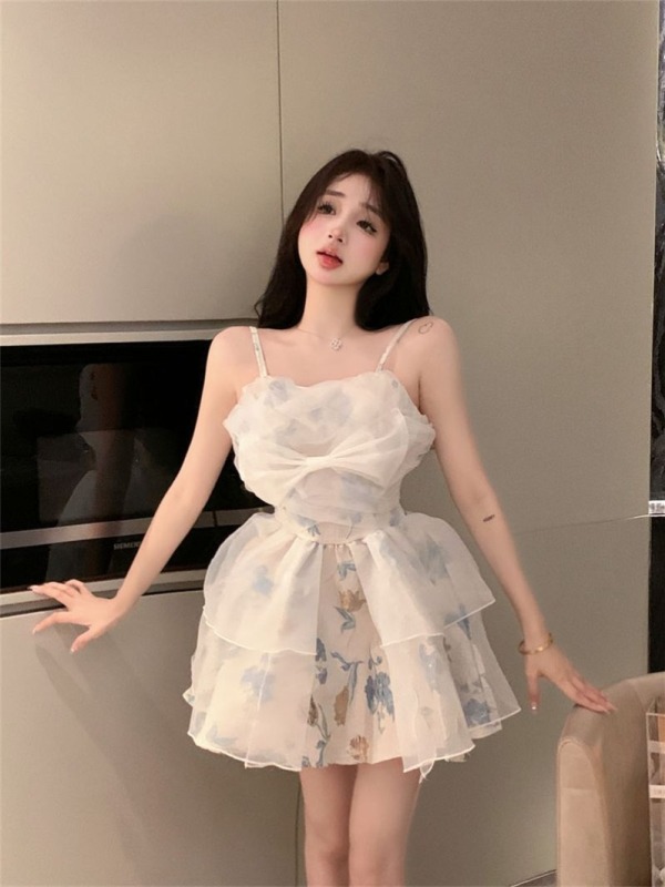 Super fairy sling, beautiful back, floral princess tutu skirt, summer new pure lusty sweet hot girl dress, waisted short skirt