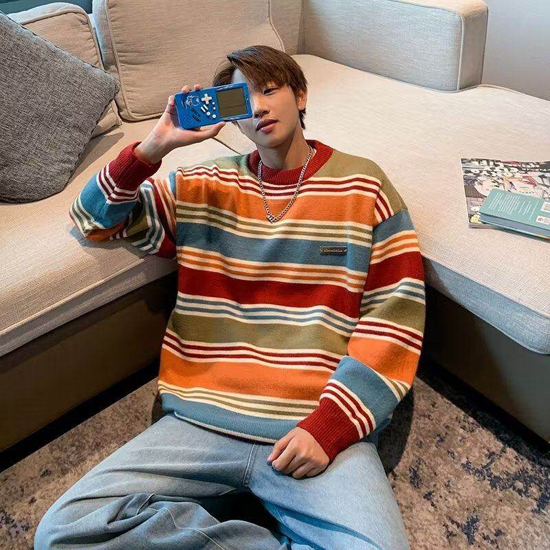 Japanese small fresh striped sweater men's autumn tide brand loose couple bottom wool jacket