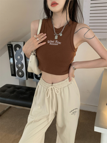 Hot model-200 grams of pits/real#-character embroidery without sleeve-navel workers suspended vest female top