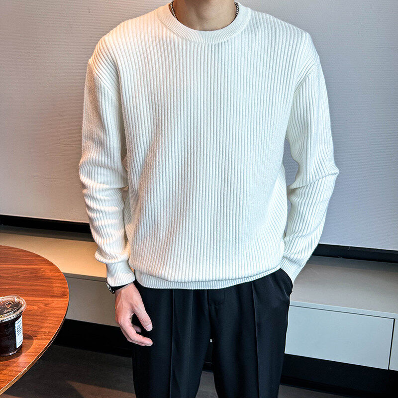 White striped men's sweater sweater round neck striped bottoming shirt