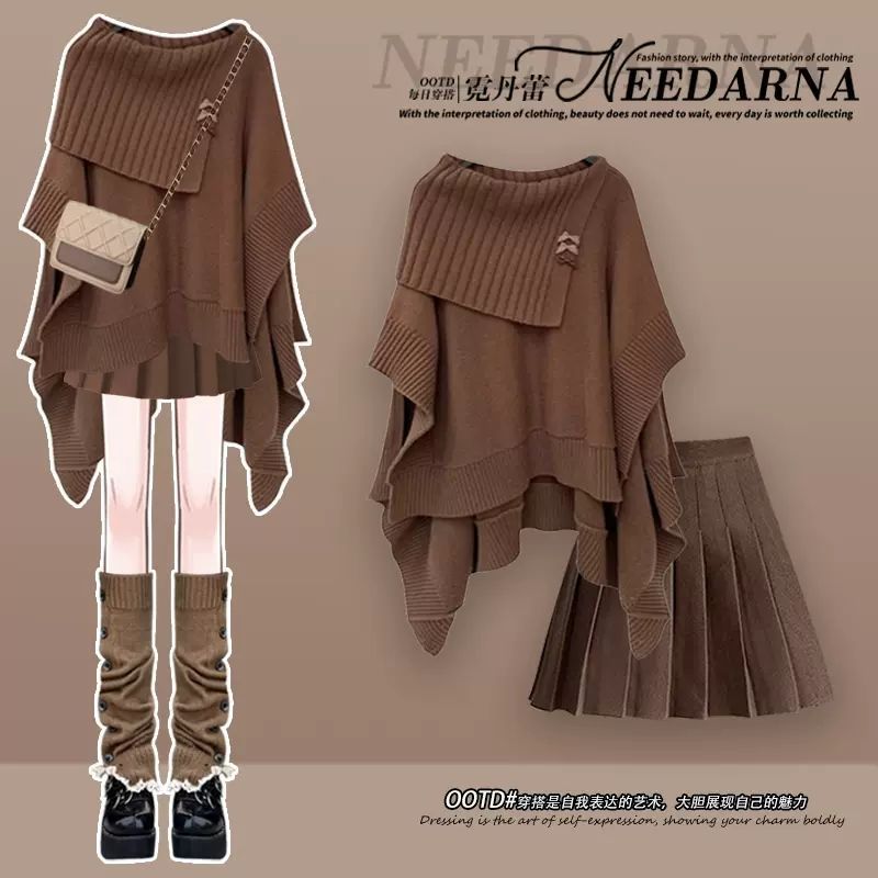 Winter suit women's new plus size women's temperament age-reducing shawl sweater casual pleated skirt two-piece set