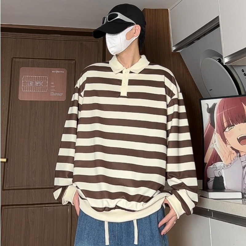 Striped long -sleeved Polo shirt men's autumn breathable lapel beads cotton sweater T -shirt men