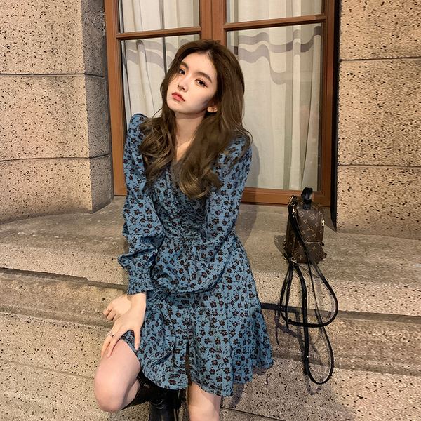 Blue floral v -neck dress Female new spring and autumn retro -style high -end chiffon inside with bottom skirt