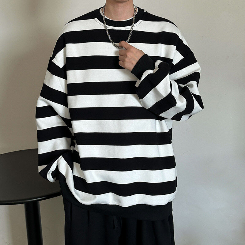 Fashion tide brand striped round collar cocks, sweater men's leisure teenager shirt
