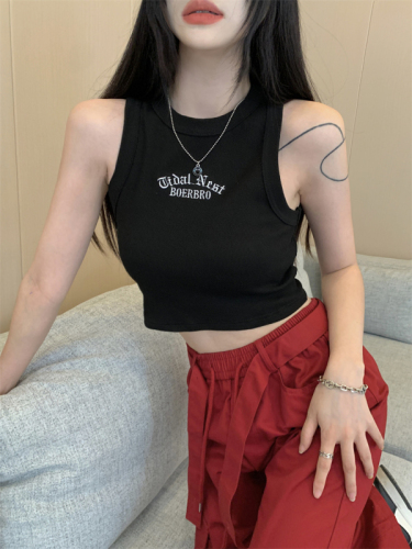 Hot model-200 grams of pits/real#-character embroidery without sleeve-navel workers suspended vest female top