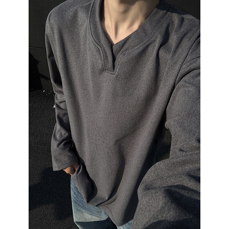 Thickened German velvet V-neck American trendy bottoming shirt men's long-sleeved T-shirt loose and lazy style