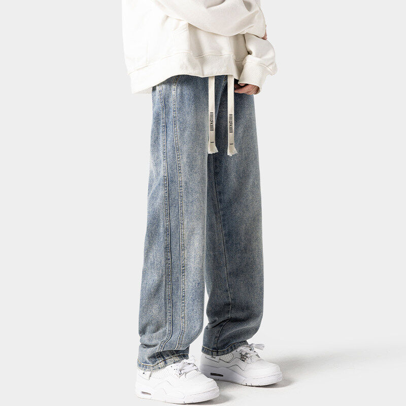 Jeans men's high street loose straight leisure wide -leg long pants