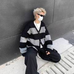 Striped contrasting cardigan sweater men and women in autumn and winter lazy wind style retro Vedic loose thick sweater