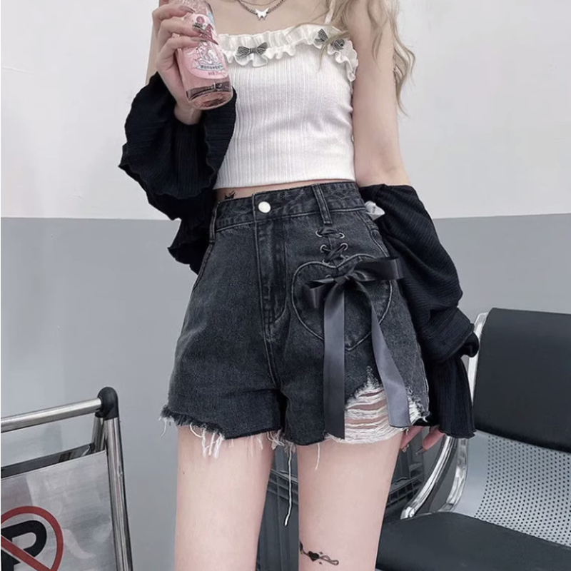 Bow-tied ripped denim shorts for women in spring and summer new style tall and slim loose high-waisted wide-leg a-line pants