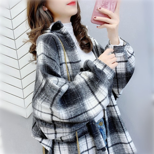  new spring plaid shirt female middle long new Korean version of the loose retro shirt jacket jacket