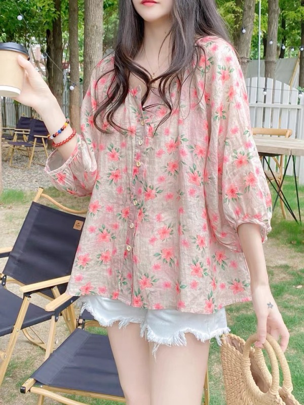 Doll shirt top, summer commute Korean version loose V -neck lamp sleeve sleeve high -end floral racked shirt female