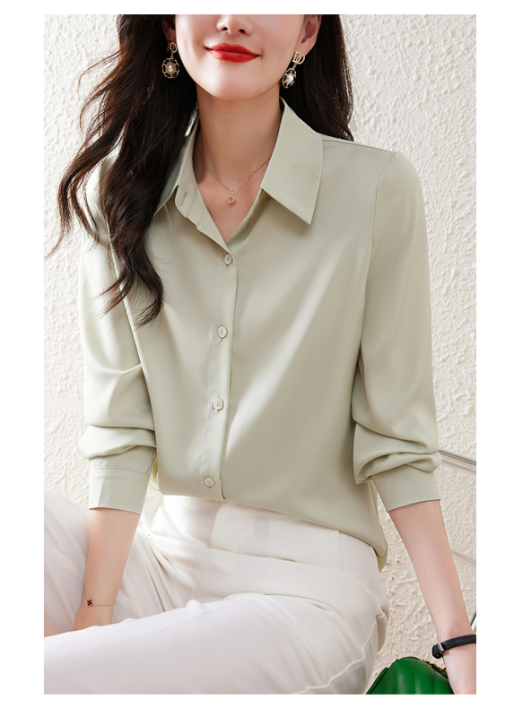 Light luxury design versatile lapel temperament pure color long -sleeved shirt female autumn high -end high -end acetic acid shirt loose top