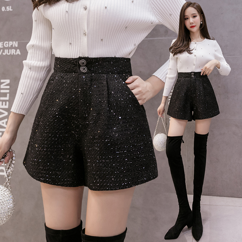 Autumn and winter Korean style new style tweed woolen shorts for outer wear wide-leg casual pants for women