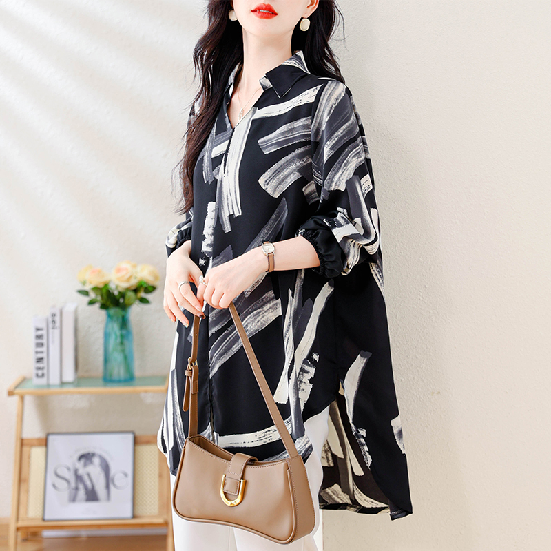 Autumn new loose long-sleeved fashionable flesh-covering versatile shirt printed mid-length shirt for women