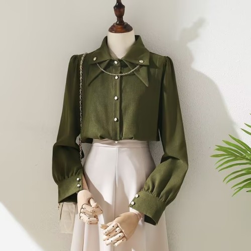 Brushed corduroy shirt women's autumn and winter new design chain retro long-sleeved shirt thickened bottoming top