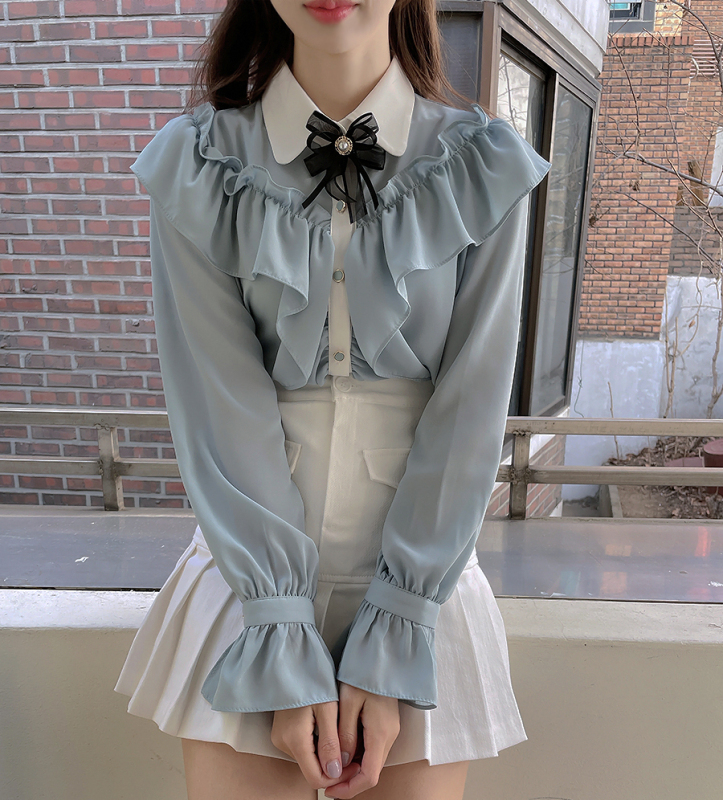 Sweet bow solid color ruffled trumpet long-sleeved shirt top