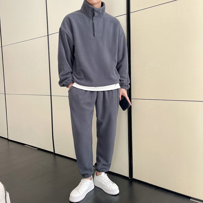 Polar fleece sports suit men's new high collar two-piece set