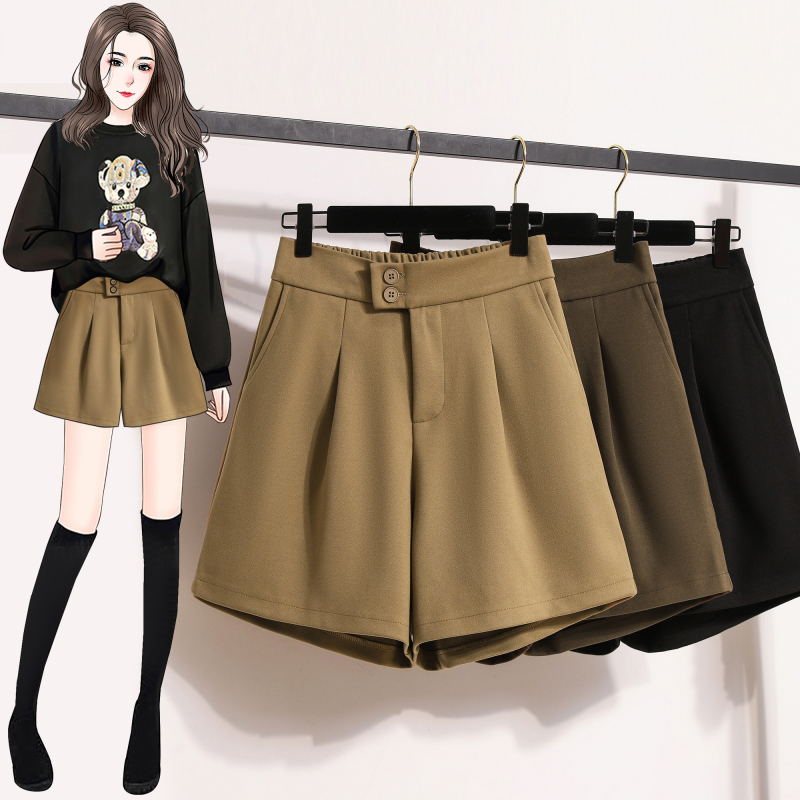 Women's woolen boot pants, autumn and winter woolen high-waisted wide-leg casual pants, A-line button slimming shorts