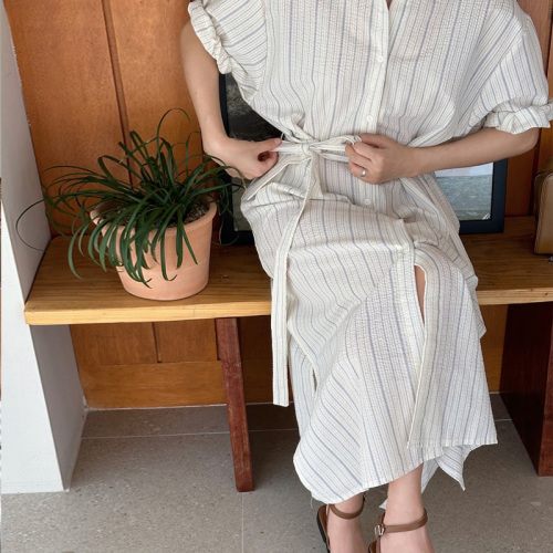 Size has been updated Korean chic simple POLO collar single breasted waist shirt dress