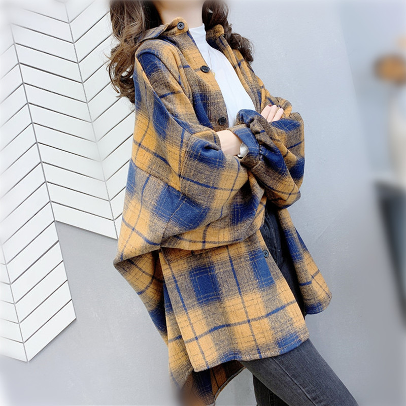 2021 new spring plaid shirt female middle long new Korean version of the loose retro shirt jacket jacket