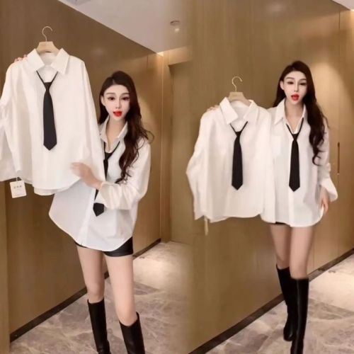New Two Tie Tie Shirt College Design Loose Niche Covering Meat Temperatures and Thin White Middle Long Shirt Female