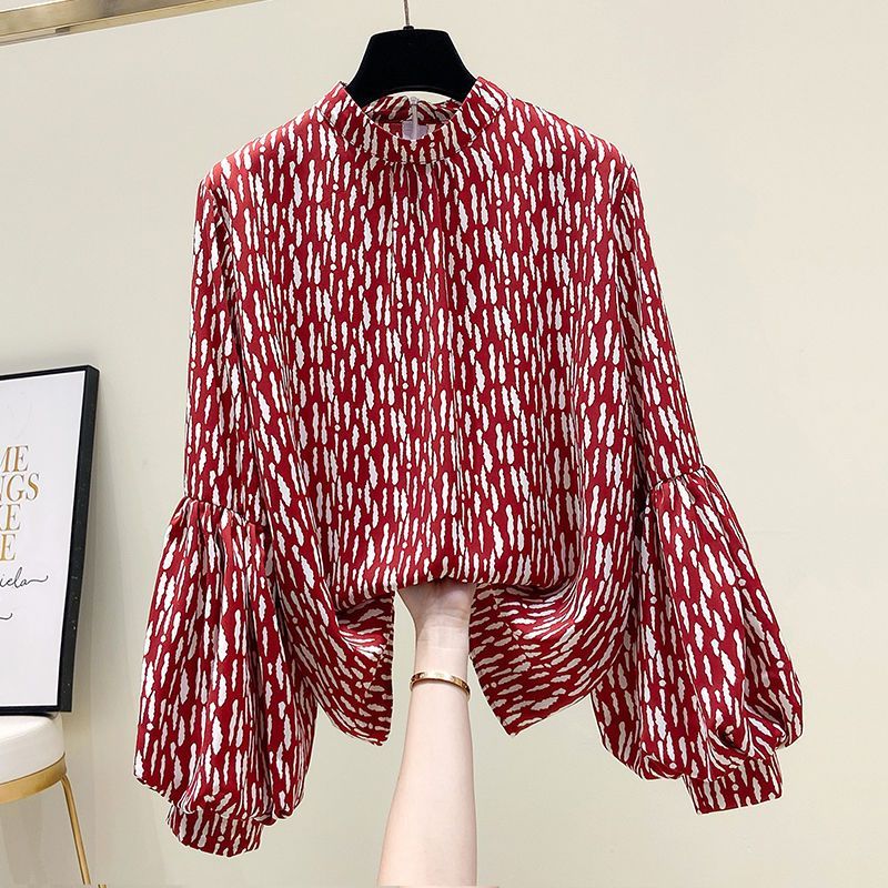 Quality Inspection Official Picture Floral Lantern Sleeve Chiffon Shirt New Niche Design Women's Fashionable Long Sleeve Stand Collar Top