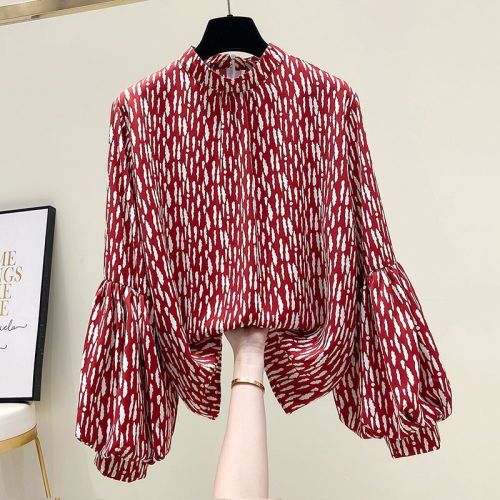 Quality Inspection Official Picture Floral Lantern Sleeve Chiffon Shirt New Niche Design Women's Fashionable Long Sleeve Stand Collar Top