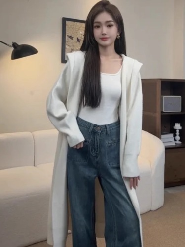 Korean lazy wind hooded long over -knee knitted cardigan female autumn and winter thick loose and thin jacket coat