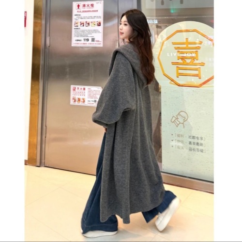 Korean lazy wind hooded long over -knee knitted cardigan female autumn and winter thick loose and thin jacket coat