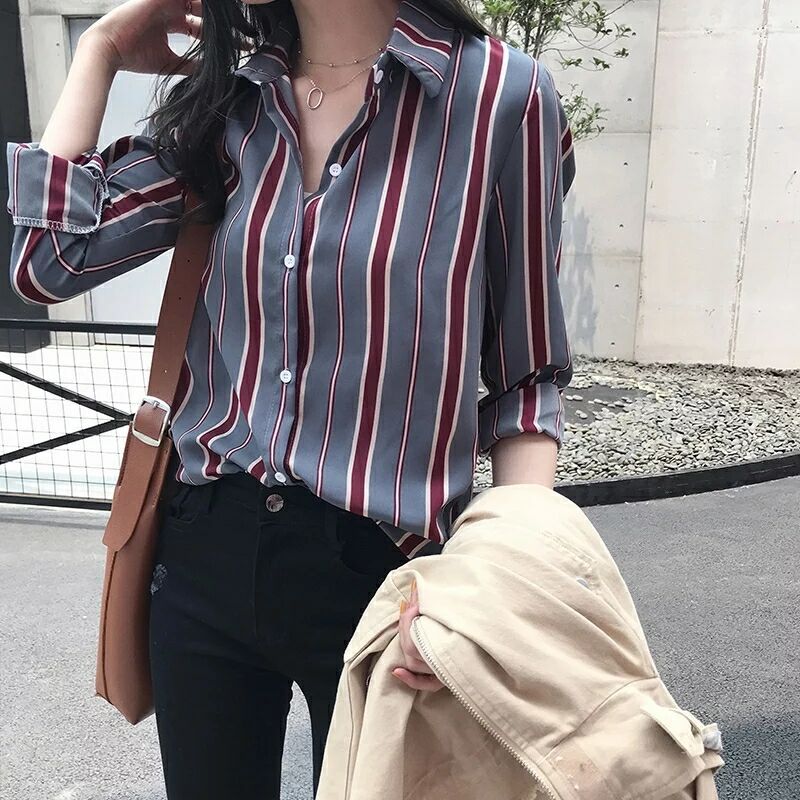 Early autumn new women's Korean style loose BF striped shirt women's long-sleeved tops bottoming shirt thin outer