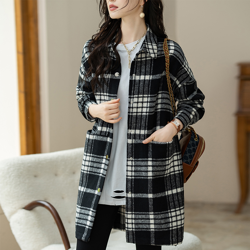 Plaid shirt spring and autumn mid-length single-breasted shirt jacket for women