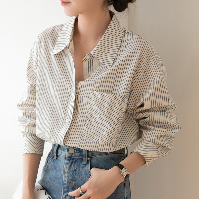 Spring and autumn striped shirt women's design niche loose casual shirt French high-end top