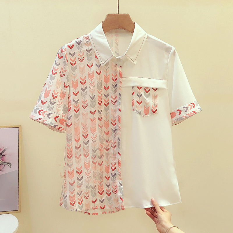 Summer new Korean style printed short-sleeved contrasting shirt ins style versatile small fresh top for women sweet