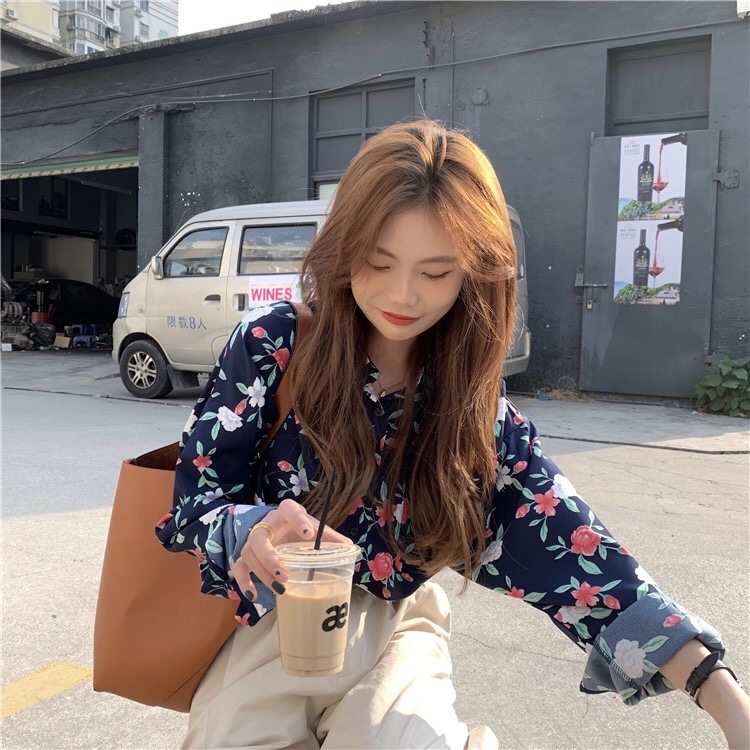 Early spring new style loose and versatile floral chiffon long-sleeved sun protection shirt for women