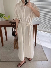 Size has been updated Korean chic simple POLO collar single breasted waist shirt dress