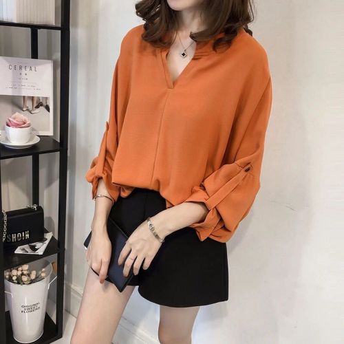 Autumn new Korean version of Korean loose large size bat sleeve shirt female long -sleeved jacket is simple and wild casual lining