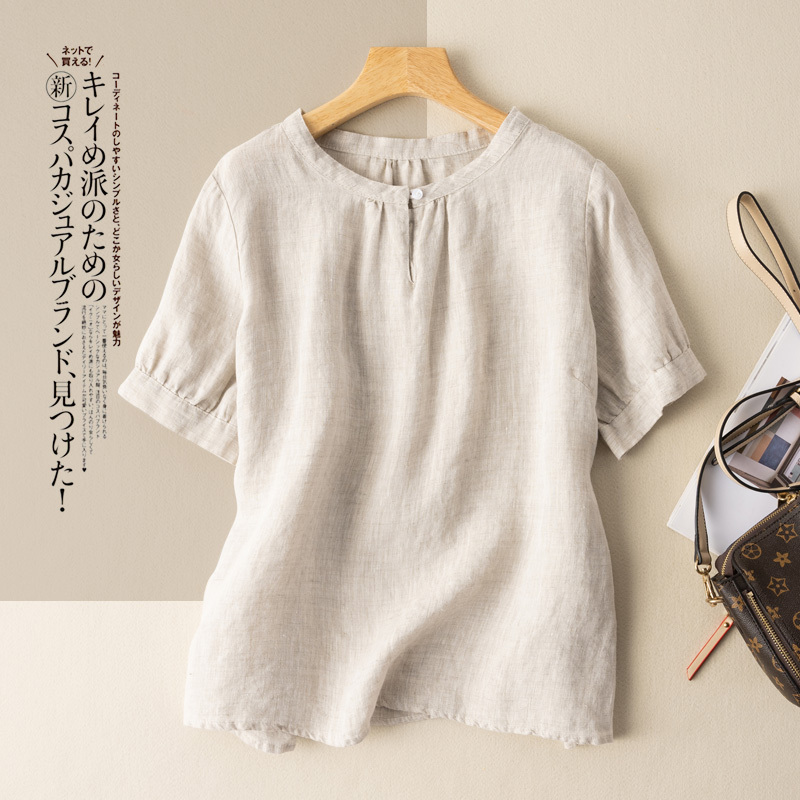 Short -sleeved linen T -shirt Women's literary and art retro Hong Kong flavor cotton and linen top temperament summer new design sense niche