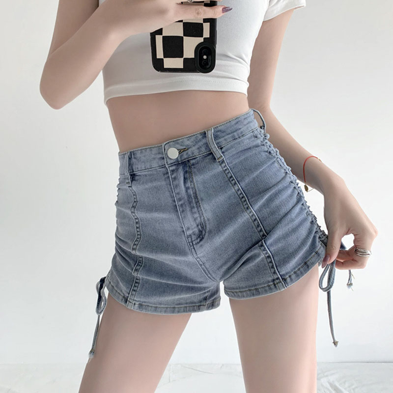 Hot girl drawstring strap denim shorts women's summer thin new style high waist slimming wide leg a-line hot pants
