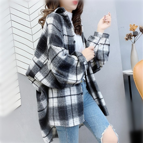  new spring plaid shirt female middle long new Korean version of the loose retro shirt jacket jacket