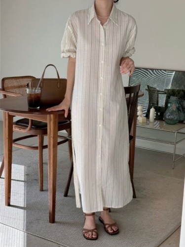 Size has been updated Korean chic simple POLO collar single breasted waist shirt dress
