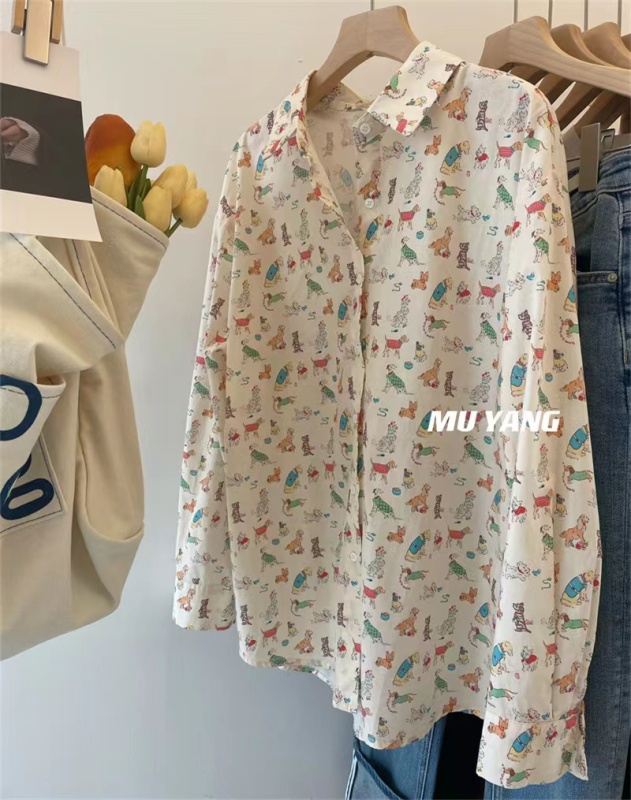 Dog full print right shoulder long-sleeved shirt women's spring and autumn new shirt Korean casual loose slimming top