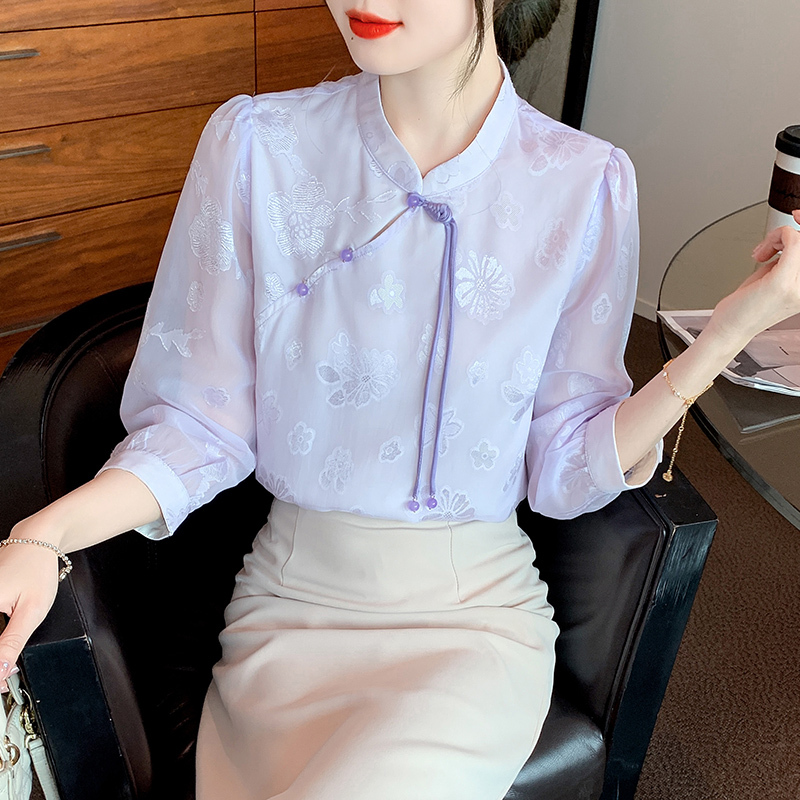 Improved version of cheongsam chiffon shirt for women early spring new three-quarter puff sleeve new Chinese style chic top