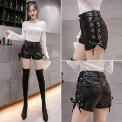 Washed PU leather shorts for women autumn and winter new Korean style design high waist slimming leather pants shorts