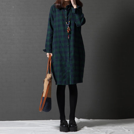 New Autumn Clothing Korean Style Loose Plus Size Women's Fashion Long Sleeve Round Neck Plaid Shirt Skirt Women