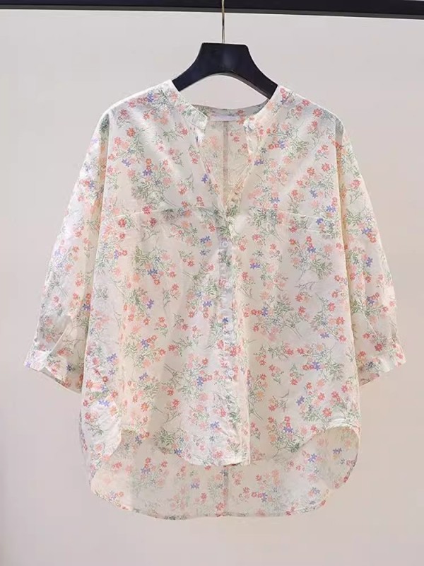 Summer small floral cotton shirt women's loose casual shirt three-quarter sleeve top