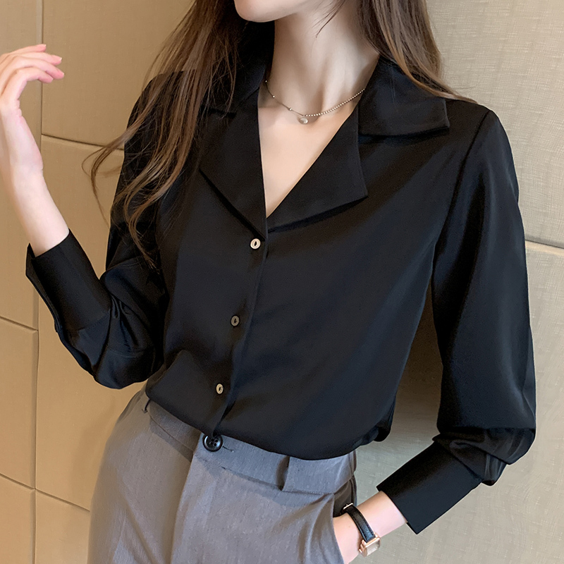 Spring new satin shirt female suit collar OL satin design sense niche retro Hong Kong flavor shirt
