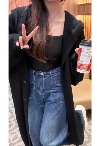 Korean lazy wind hooded long over -knee knitted cardigan female autumn and winter thick loose and thin jacket coat